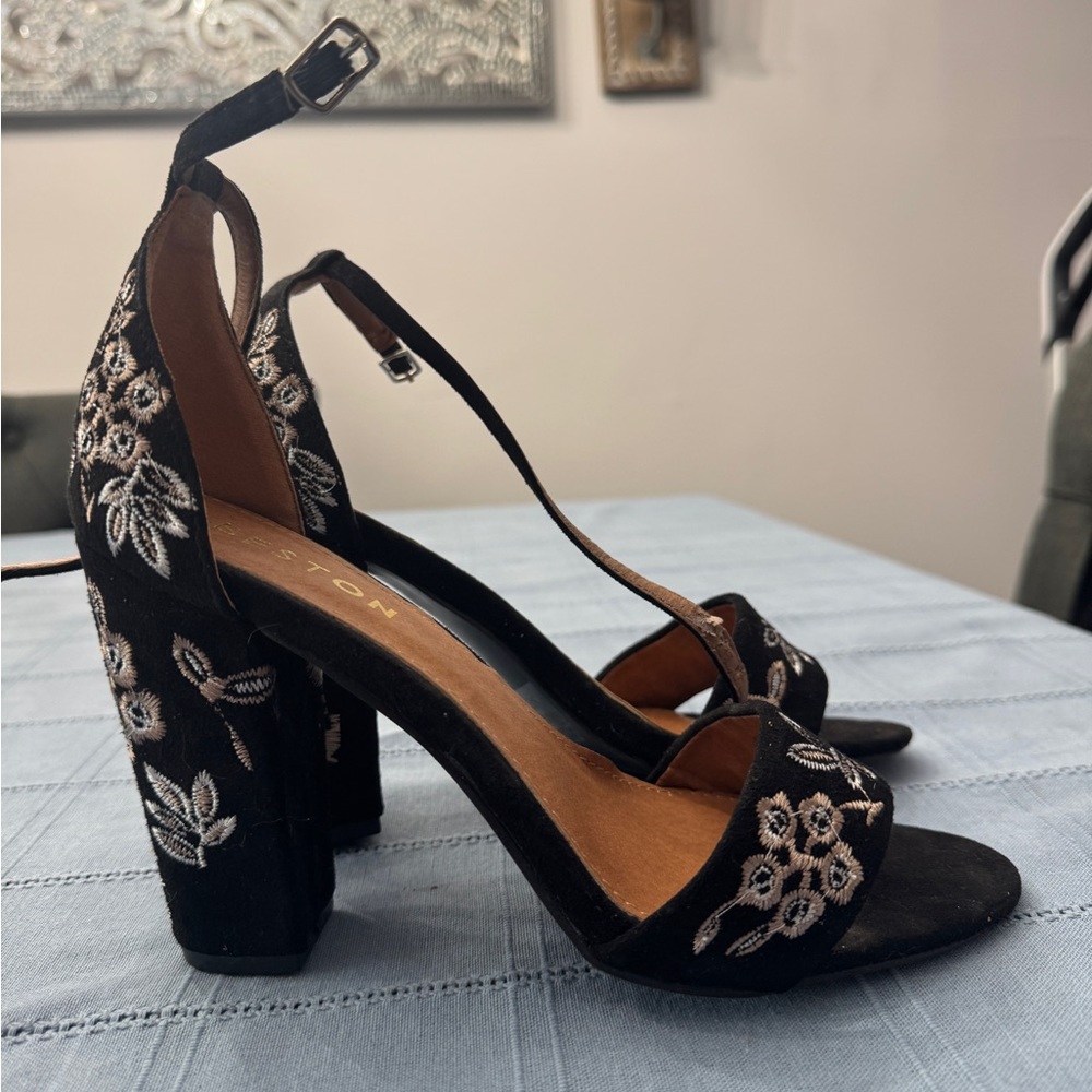 Black Floral Embroidered Heels